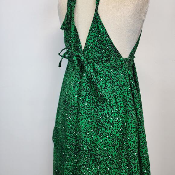 Bombchel V-Neck Asymmetric Hem Halter Dress Green Floral 100% Cotton OS M/L - Picture 6 of 15